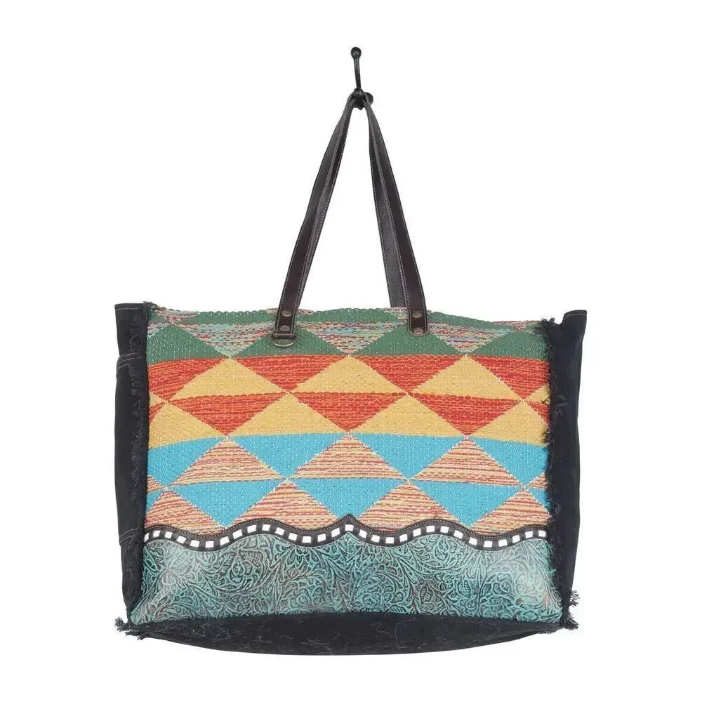 Myra Bag Handmade Jazz Weekender Bag Upcycled Canvas & Cowhide Leather
